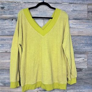 Adreamly Double V Neck Waffle Knit Oversized Top Large Mustard Yellow